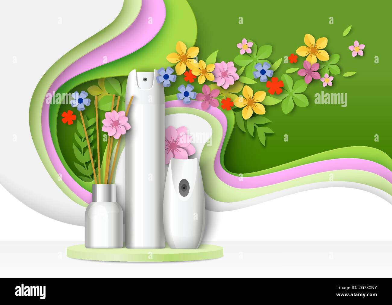 Air freshener packaging bottle, aroma stick mockup set on podium, paper