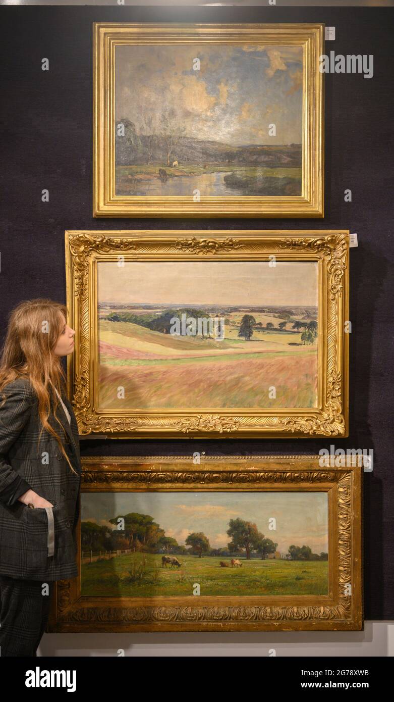Bonhams, London, UK. 12 July 2021. Bonhams British & European Art sale preview. Works from the 18th-20th century offered for sale on 14 July 2021. Image: Image: (top): Frank McKelvey R.H.A., R.U.A. (Irish, 1895-1974). Cattle watering on a summer's day, estimate: £4,000-6,000; (middle): Fritz Mackensen (German, 1866-1953). An extensive rolling landscape, estimate: £2,000-3,000; (lower): Achille Vertunni (Italian, 1826-1897). Pastoral landscape with cattle grazing, estimate: £2,000-3,000. Credit: Malcolm Park/Alamy Live News Stock Photo