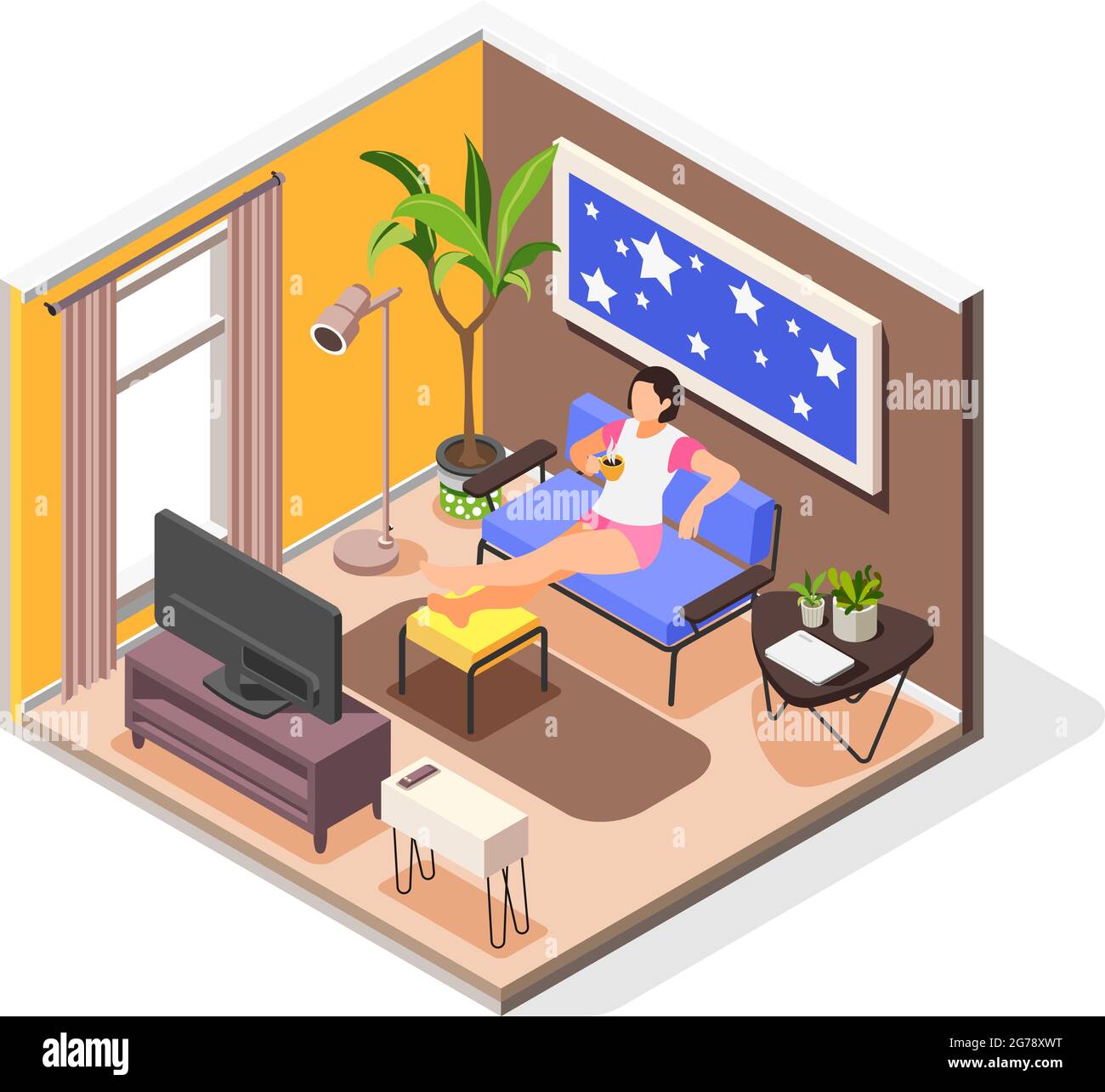 Human needs isometric composition with young girl spending leisure time at  home sitting on couch with cup of coffee in front of tv Stock Vector Image  & Art - Alamy