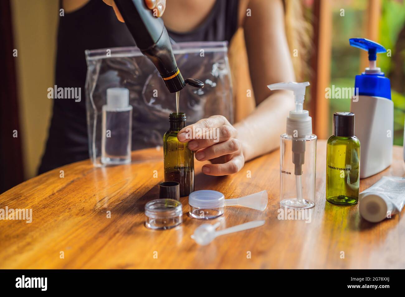 Travel kit for transporting cosmetics on an airplane. Cosmetics are