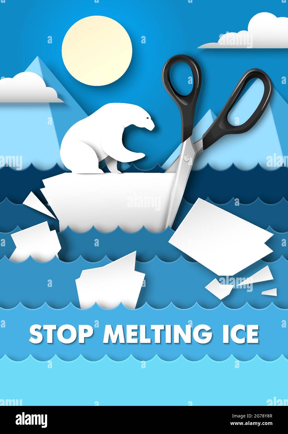 Stop melting ice poster design template. Vector illustration in paper art style. Global warming ecology problem. Stock Vector
