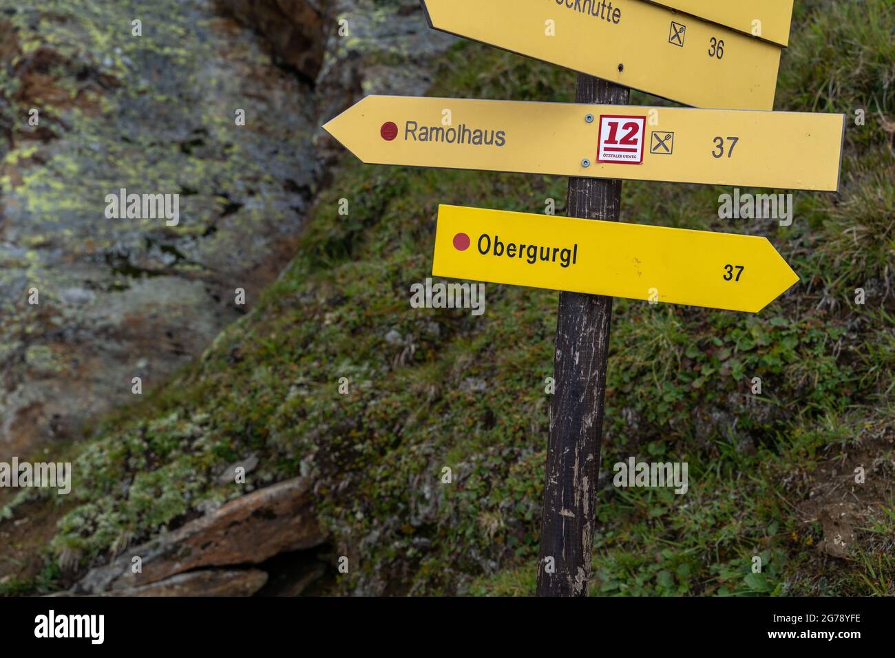 Europe, Austria, Tyrol, Ötztal Alps, Ötztal, Obergurgl, signpost at the hut entrance to the Ramolhaus Stock Photo