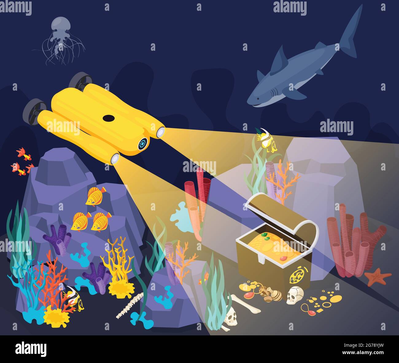 Underwater vehicles machines isometric composition yellow machine found a treasure at the bottom of the sea Stock Vector