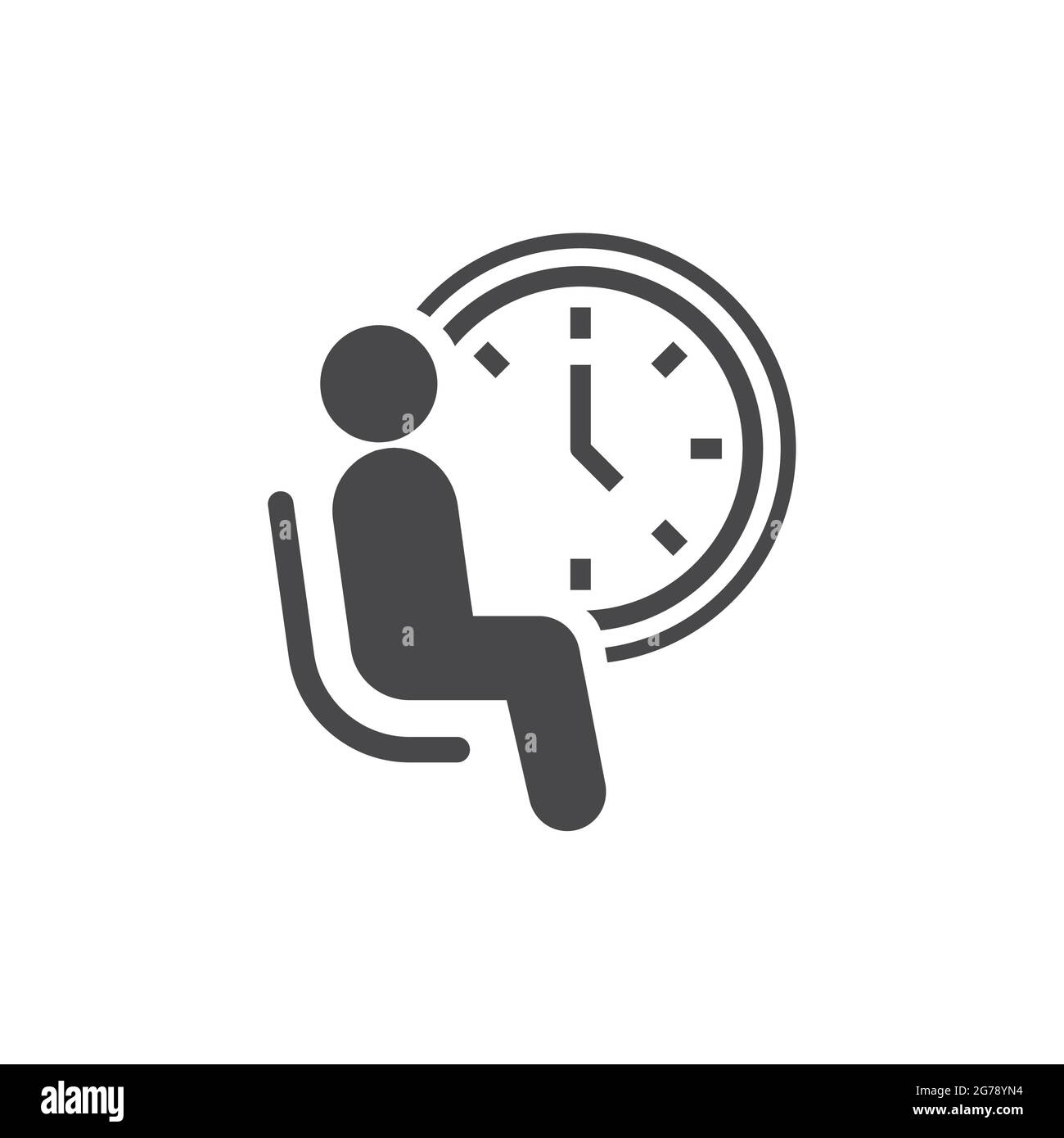 Waiting room black vector icon. Man sitting in a chair with a clock symbol. Stock Vector