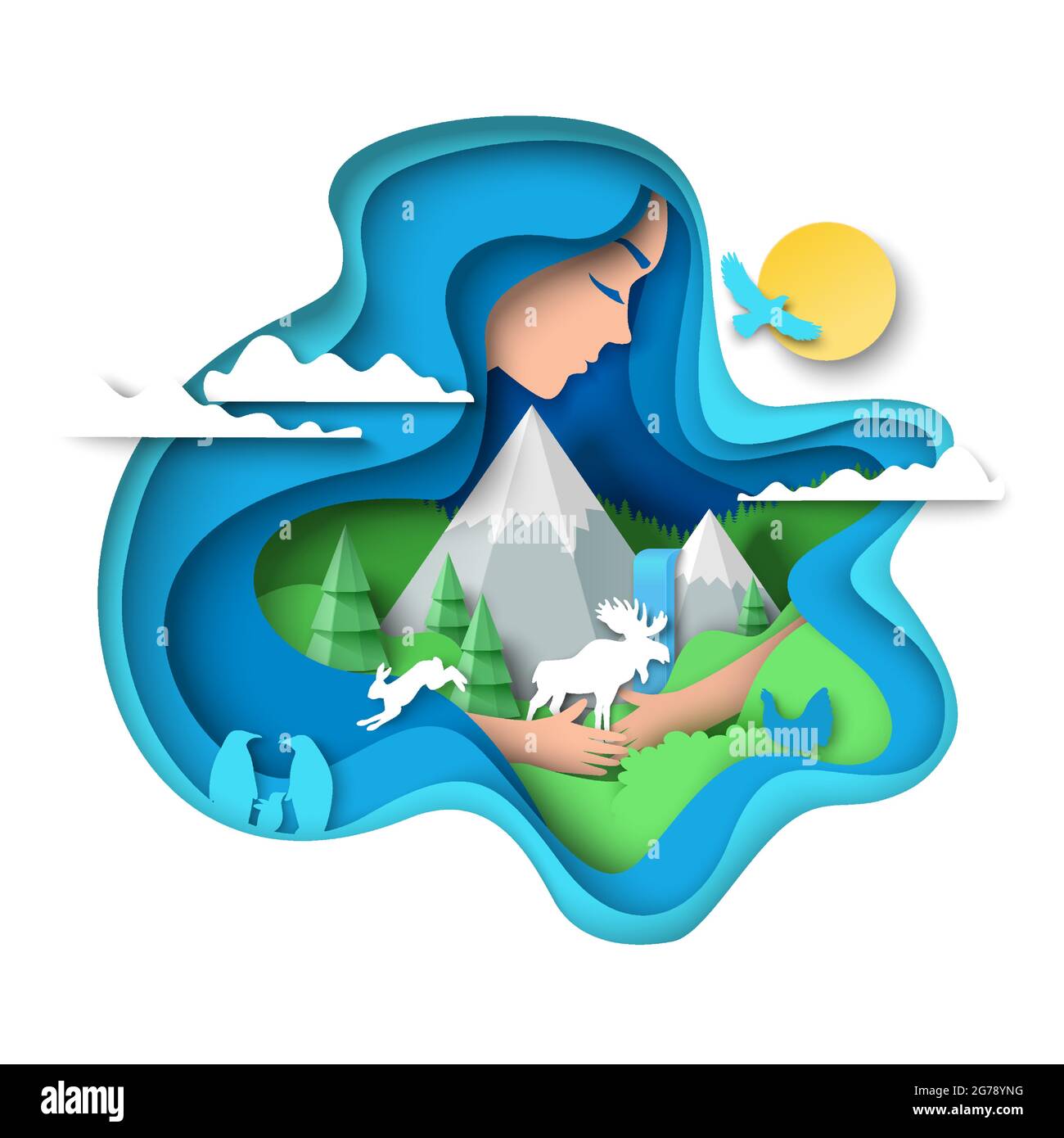 Girl hugging mountains, forest trees, wild animals, vector paper cut  illustration. Nature protection, save environment Stock Vector Image & Art  - Alamy