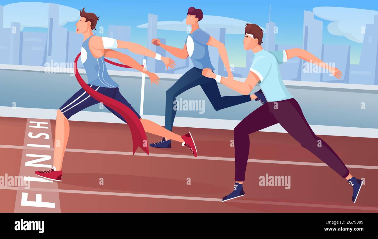 Winner finish flat composition with view of outdoor race track with cityscape and running athlete characters vector illustration Stock Vector