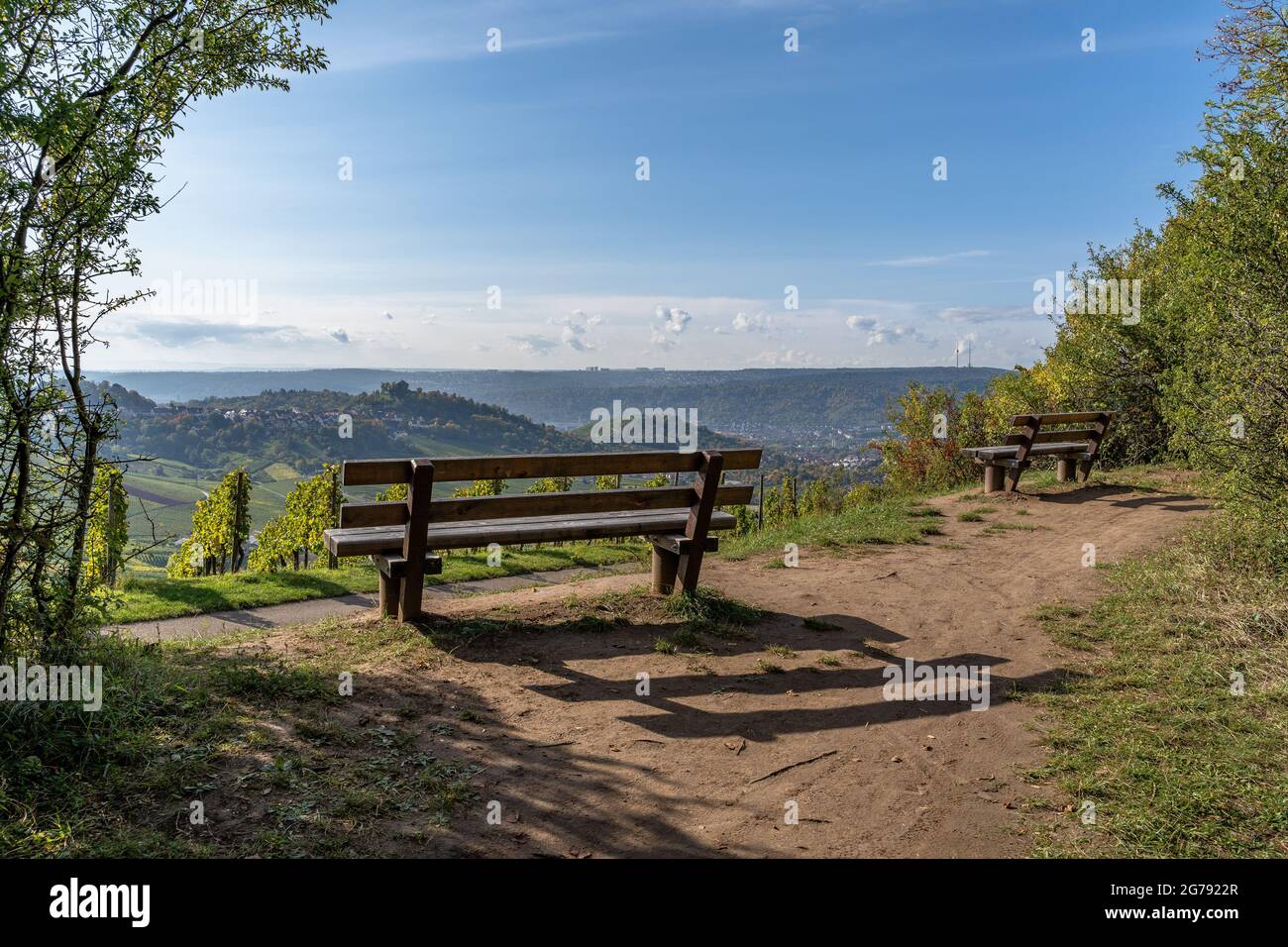 Europe, Germany, Baden-Wuerttemberg, Stuttgart, Untertürkheim, benches at a beautiful vantage point with a view of the burial chapel Stock Photo