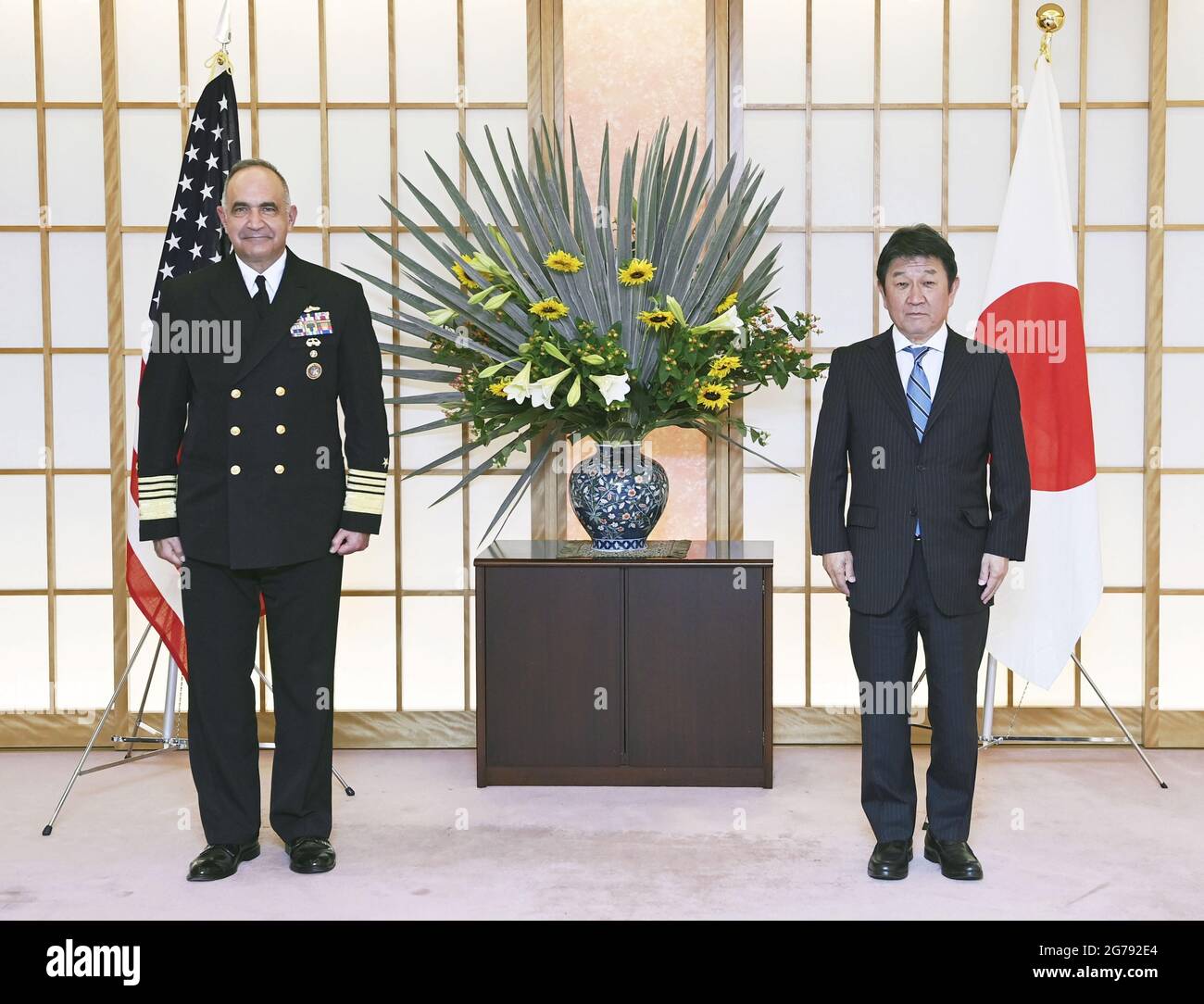 Japanese Foreign Minister Toshimitsu Motegi (R) and Charles Richard, commander of U.S. Strategic Command, pose for a photo at the Foreign Ministry in Tokyo on July 12, 2021. (Pool photo) (Kyodo)==Kyodo Photo via Credit: Newscom/Alamy Live News Stock Photo