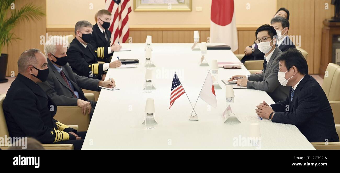 Japanese Foreign Minister Toshimitsu Motegi (front R) and Charles Richard (front L), commander of U.S. Strategic Command, hold talks at the Foreign Ministry in Tokyo on July 12, 2021. (Pool photo) (Kyodo)==Kyodo  Photo via Newscom Stock Photo
