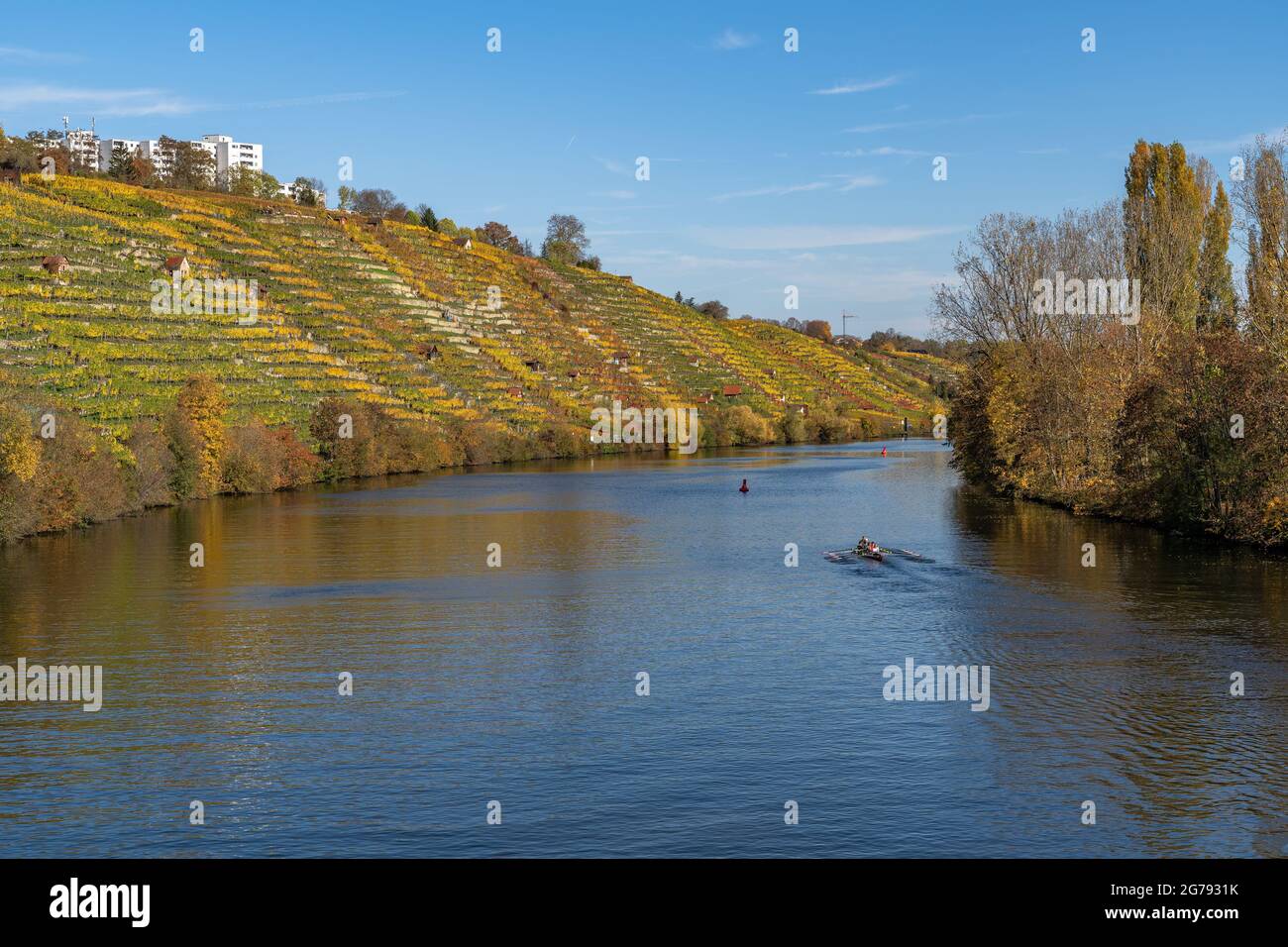 Europe, Germany, Baden-Wuerttemberg, Stuttgart, view from Max-Eyth-Steg to the Neckar and the Cannstatter Zuckerle vineyard Stock Photo