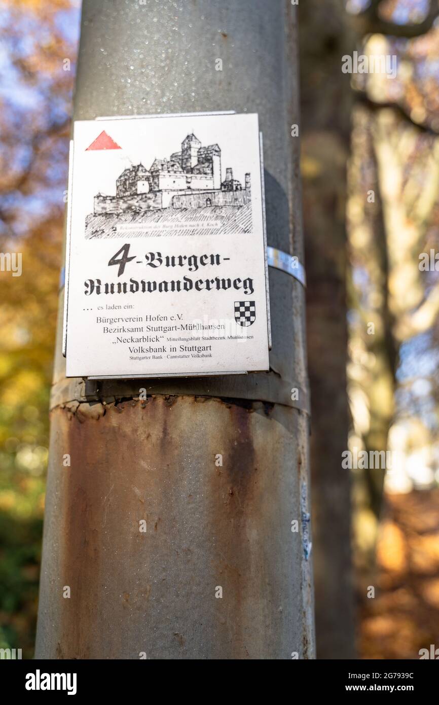 Europe, Germany, Baden-Wuerttemberg, Stuttgart, waymarking of the Vier-Burgen-Weg near Stuttgart Stock Photo