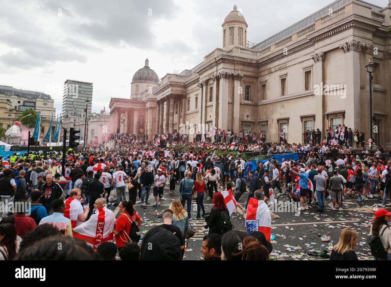 London, UK. 11 July 2021. Euro 2020. England football fans celebrating in Trafalgar Square ahead of the Italy v England final. Credit: Waldemar Sikora Stock Photo