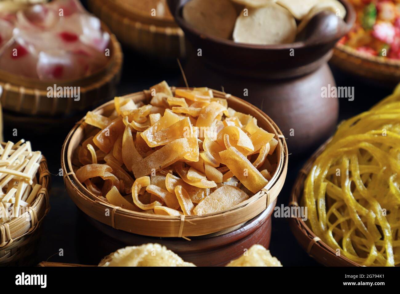 Kerupuk Rambak. Cow skin crackers sold in a market stall Stock Photo ...