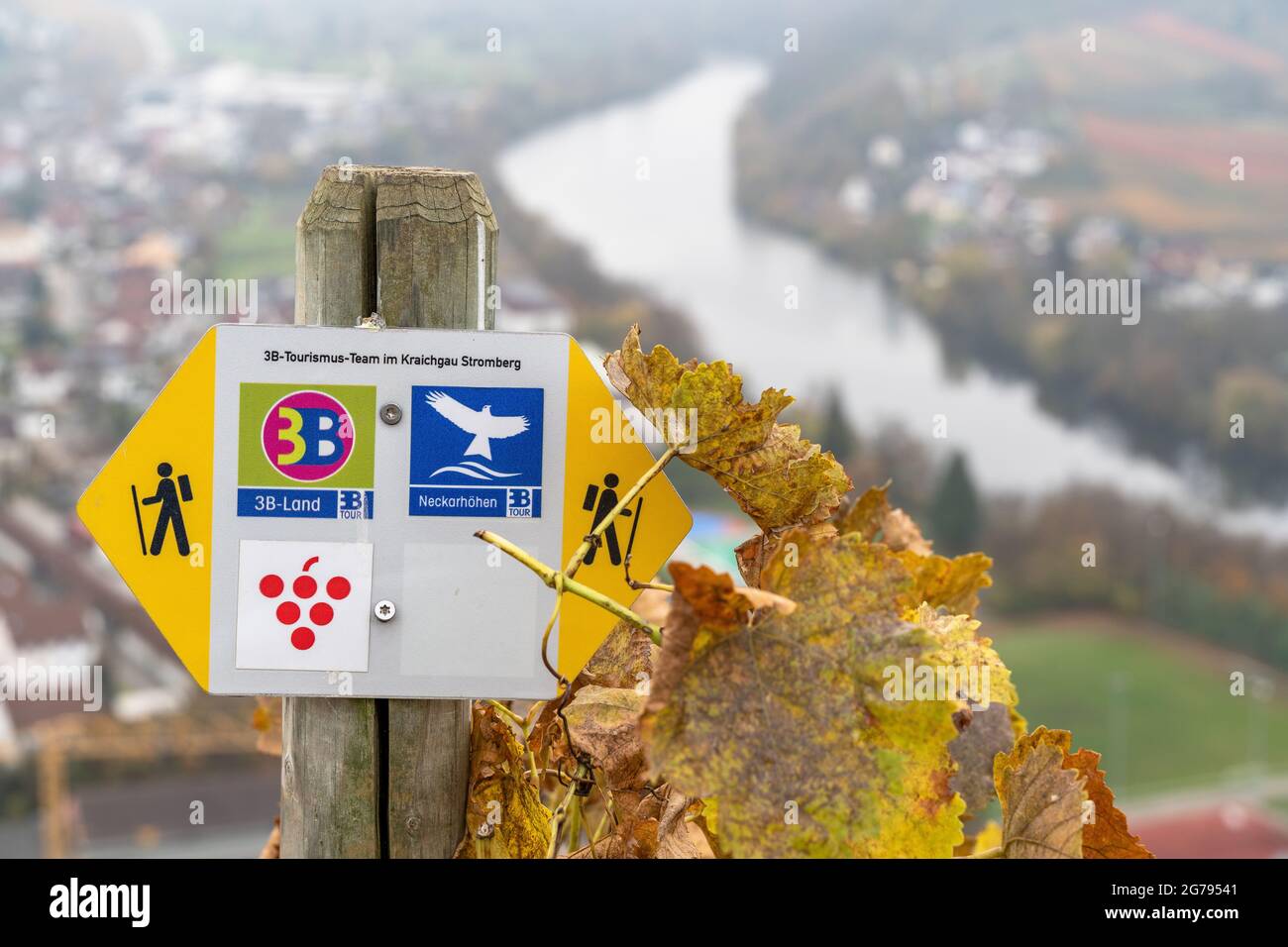 Europe, Germany, Baden-Wuerttemberg, Neckar Valley, Mundelsheim, hiking sign at the Käsbergkanzel above the Neckar loop near Mundelsheim Stock Photo