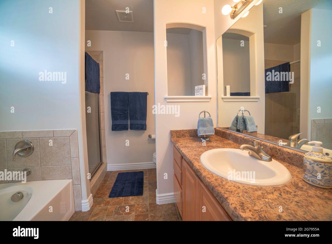Bathroom interior with builtin marble sink, tub, toilet bowl and shower stall Stock Photo Alamy
