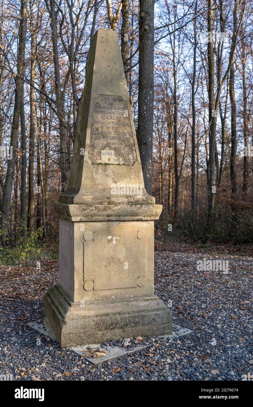 Europe, Germany, Baden-Wuerttemberg, Weinstadt, memorial stone 'Karlstein' in the vineyards near Weinstadt Stock Photo