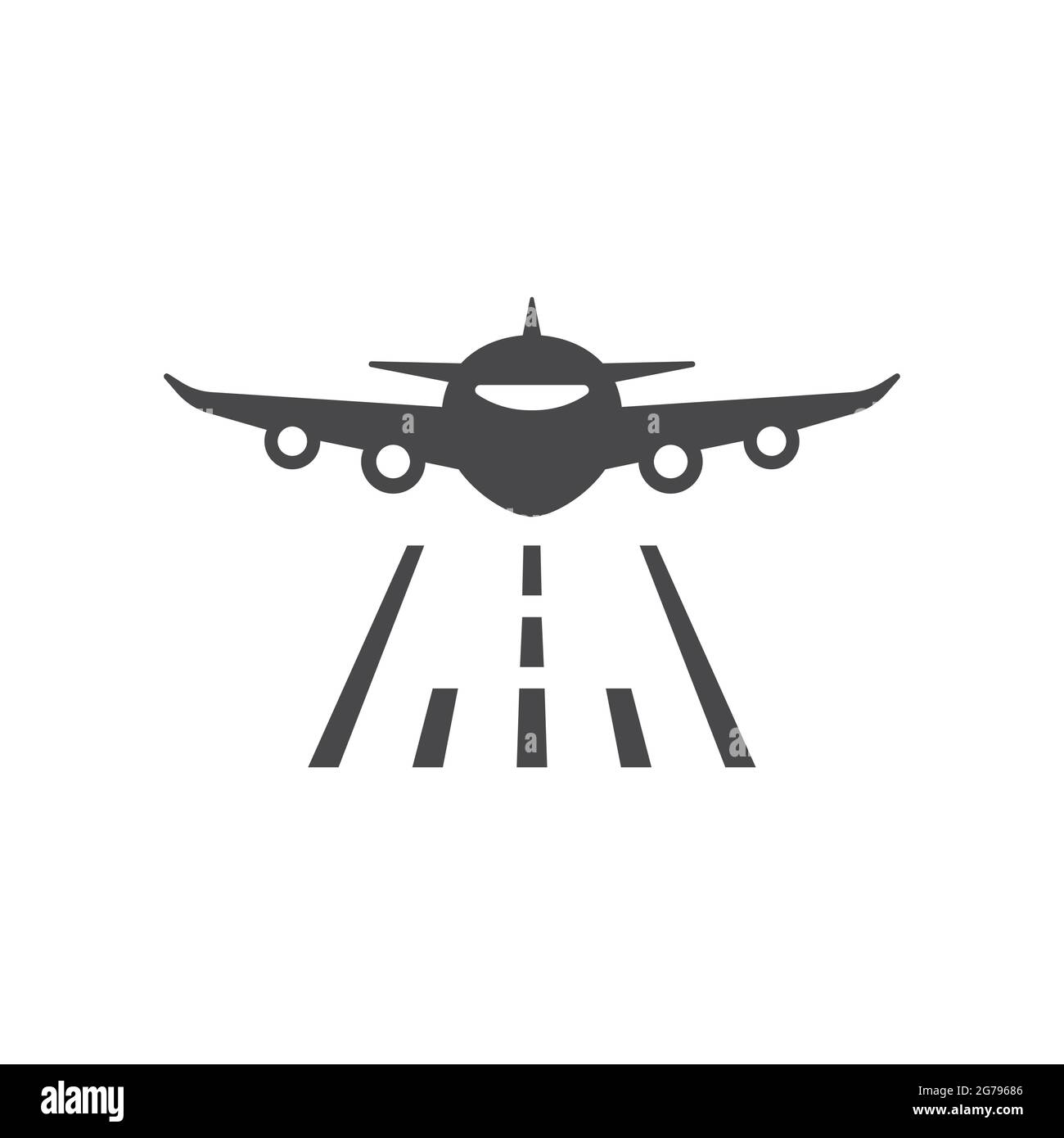 Airplane and runway black vector icon. Plane front, commercial flying symbol. Stock Vector