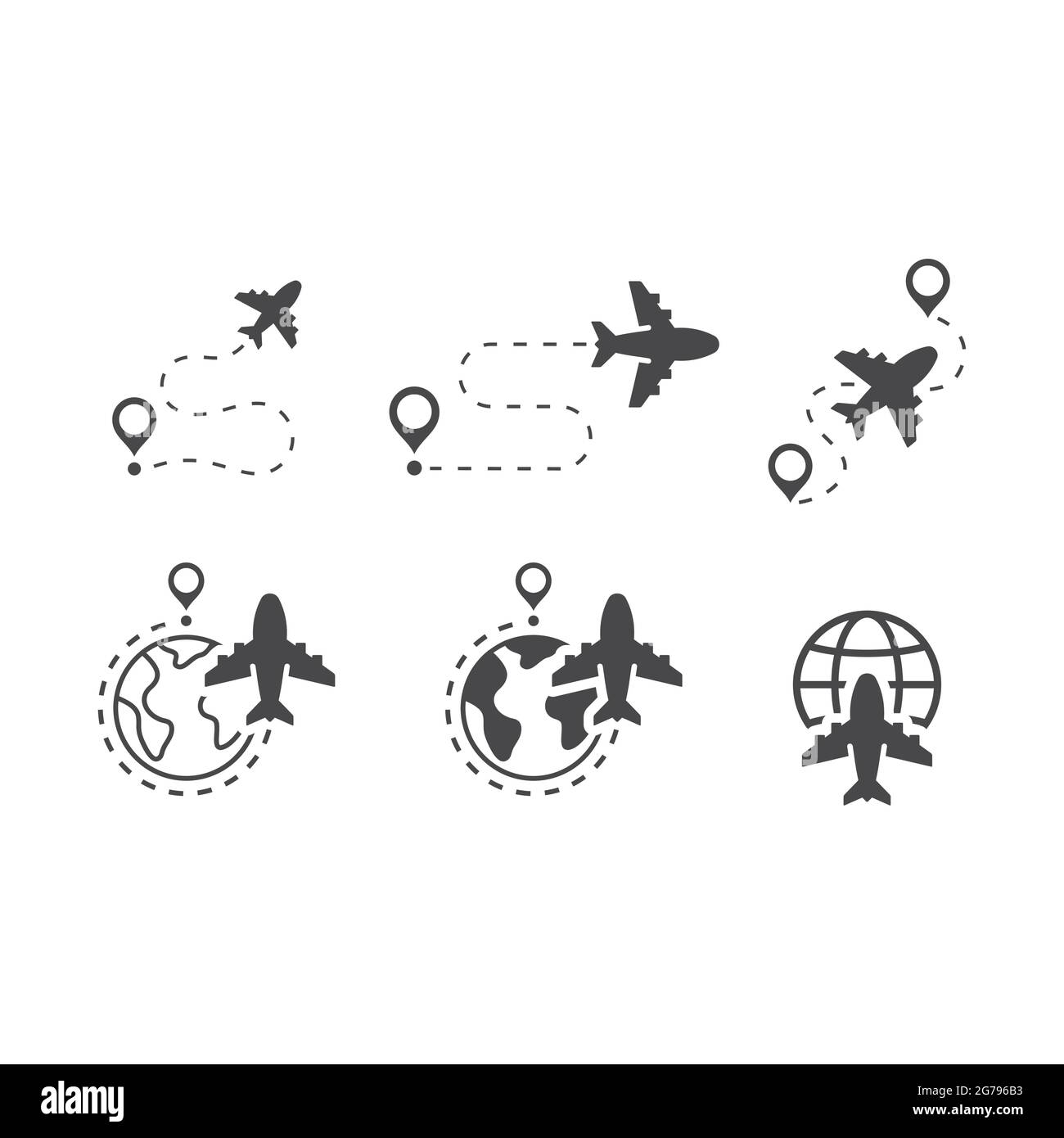 Airplane, globe and location pin vector icon set. Flight dashed line route, commercial airplane flying symbols. Stock Vector