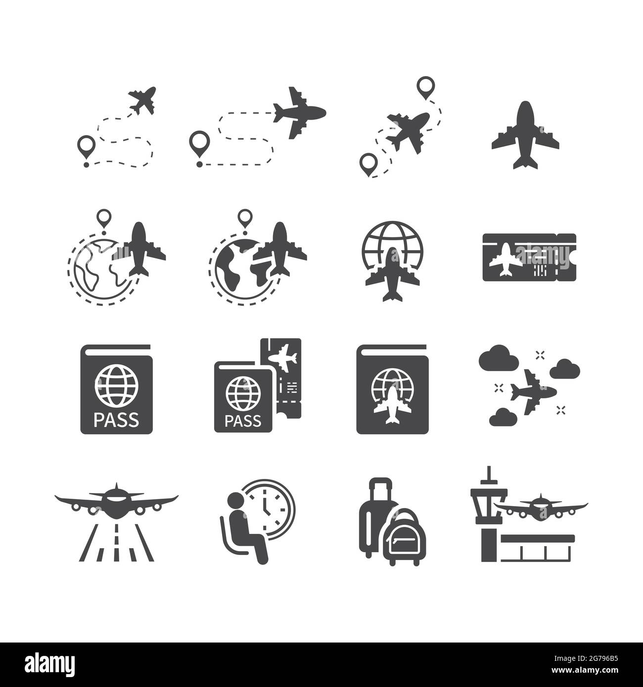 Airport, airline and airplane black vector icon set. Travel, boarding pass, flight route icons. Stock Vector