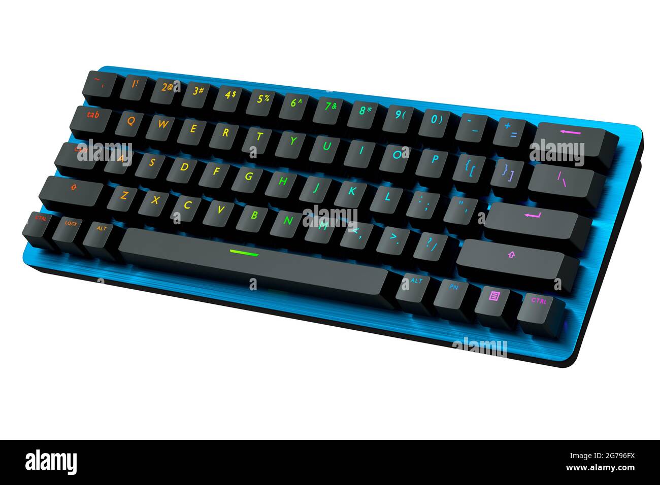 Blue computer keyboard with rgb colors isolated on white background. 3D rendering of streaming gear and gamer workspace concept Stock Photo