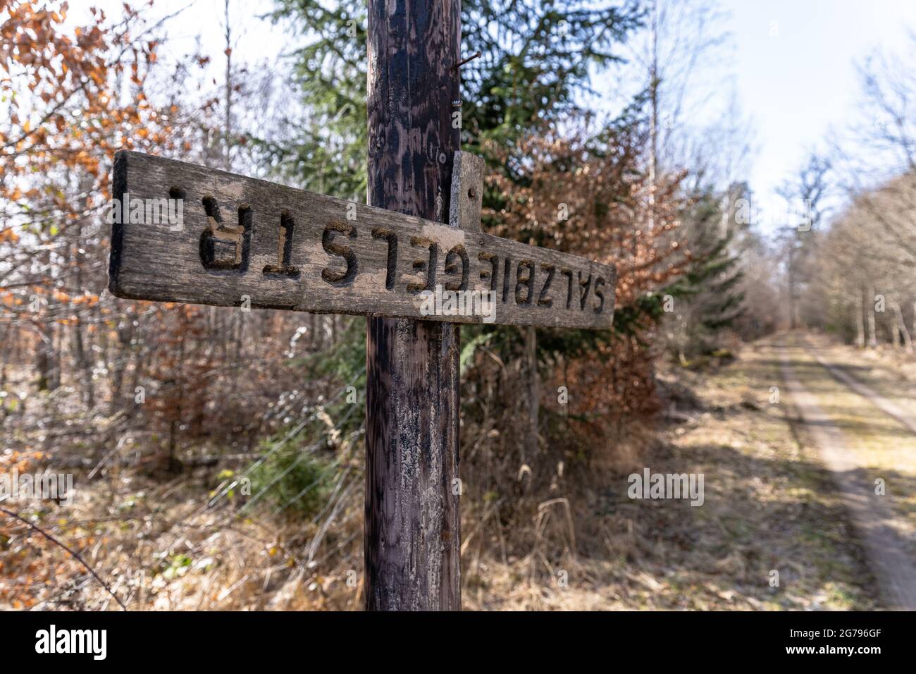 Europe, Germany, Baden-Wuerttemberg, Schönbuch Region, Upside Down Sign in the Schönbuch Nature Park Stock Photo