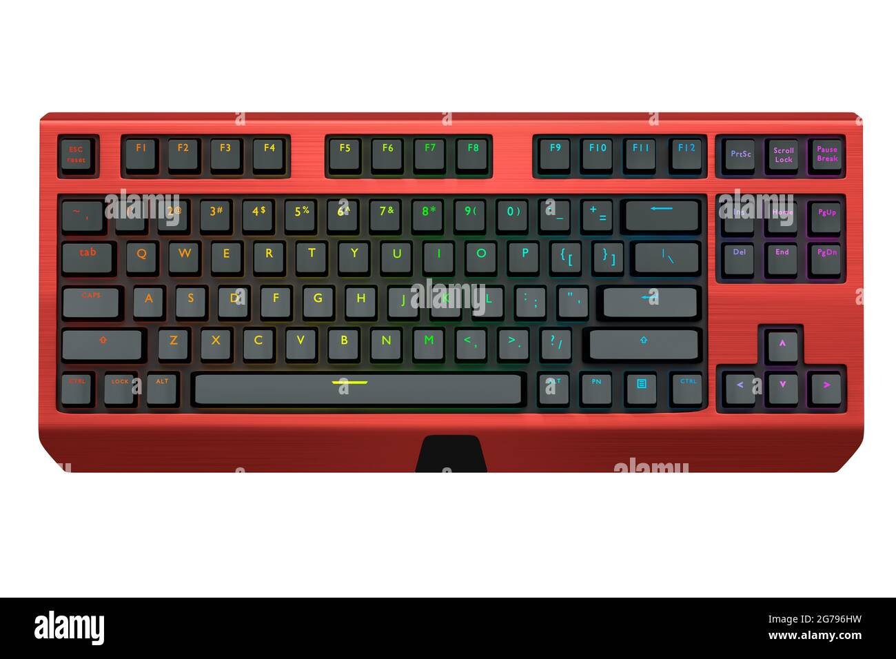 Red computer keyboard with rgb colors isolated on white background. 3D rendering of streaming gear and gamer workspace concept Stock Photo