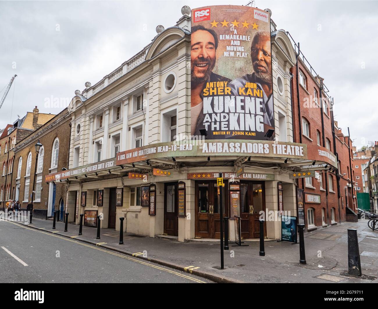 The Amabassadors Theatre in London's West End theatre district with the RSC production of Kunene and the King running with Antony Sher and John Kani. Stock Photo