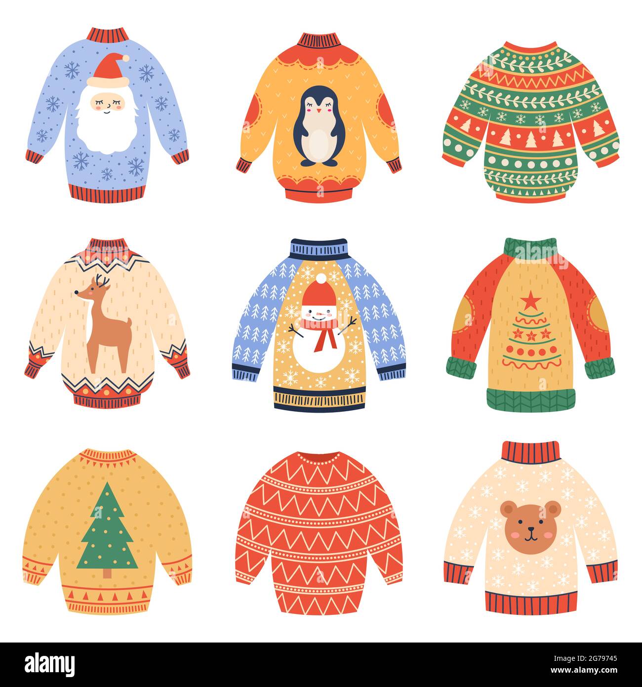 Winter holidays jumpers. Cute xmas woollen sweaters, cozy Christmas winter garments vector illustration set. Christmas warm sweaters Stock Vector