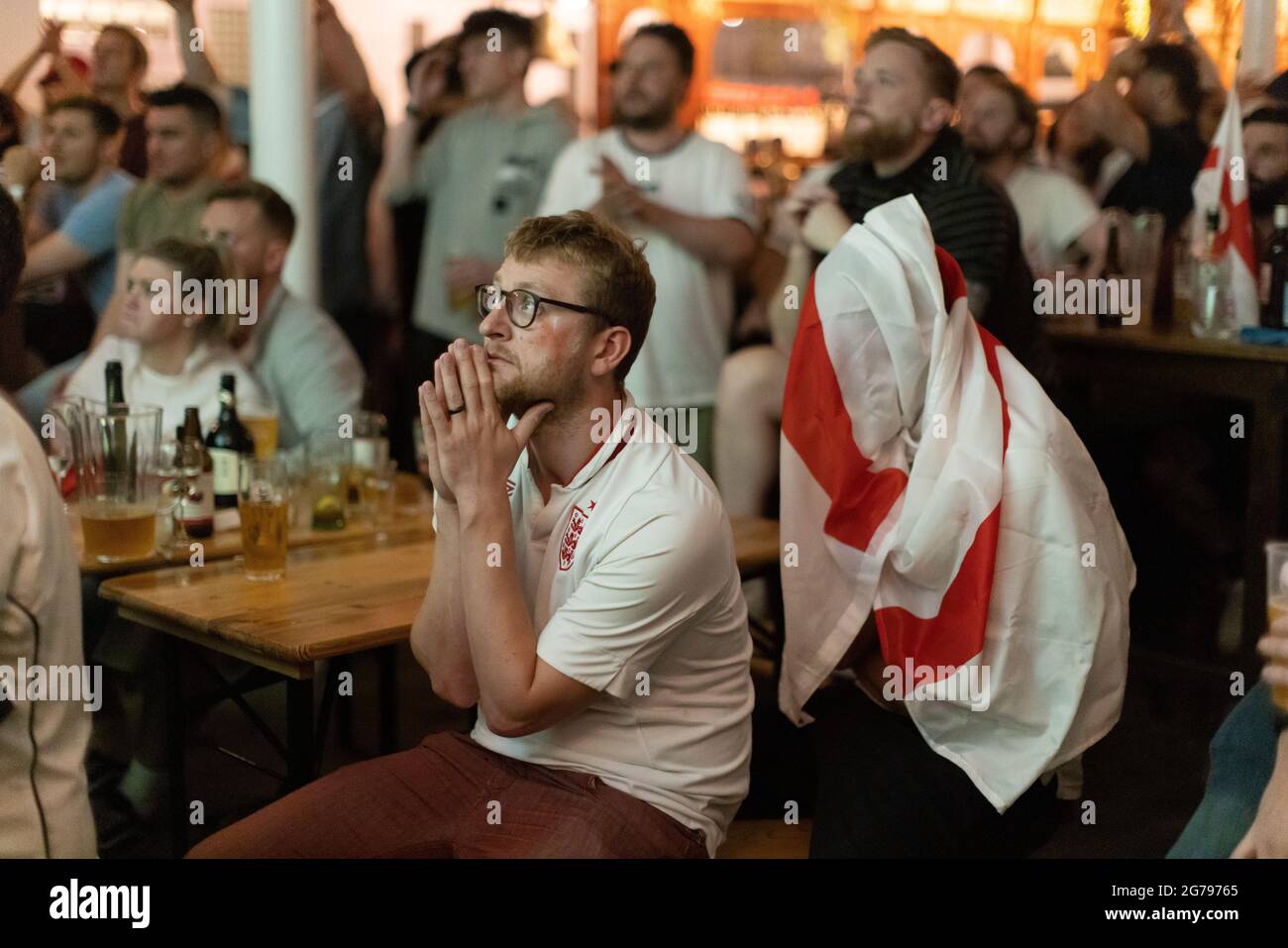 English football fans watching the EURO20 final between England v Italy at a pub in Vauxhall, London, England, UK Stock Photo