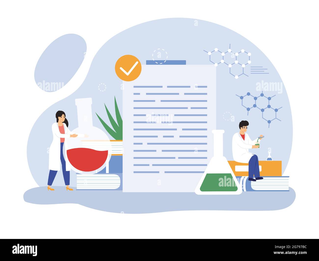 Characters doing scientific research, mixing liquids in flasks in laboratory. Scientists with equipment Stock Vector