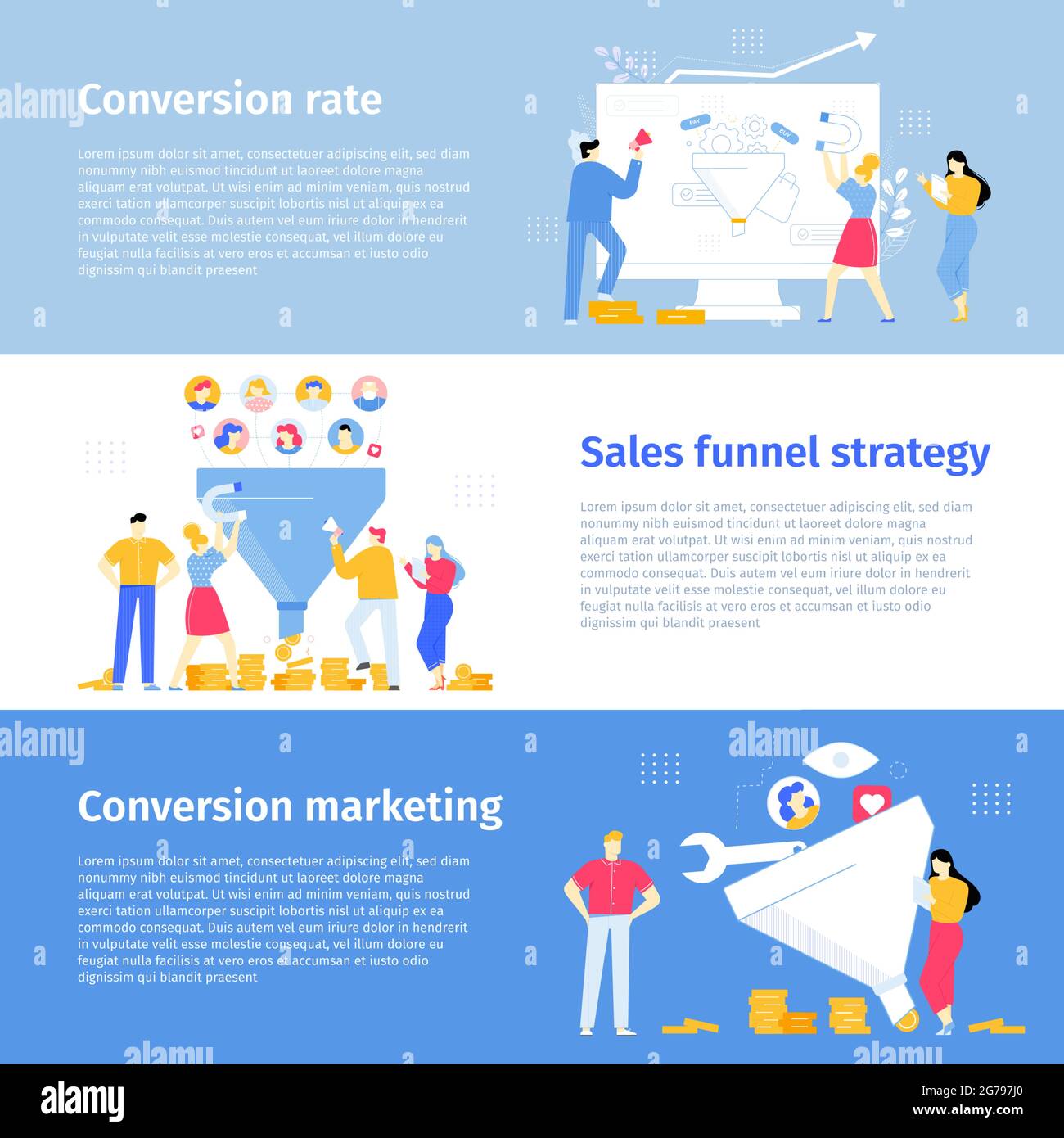 Conversion rate, e-commerce site attraction new clients. Customers buying new products vector banners Stock Vector