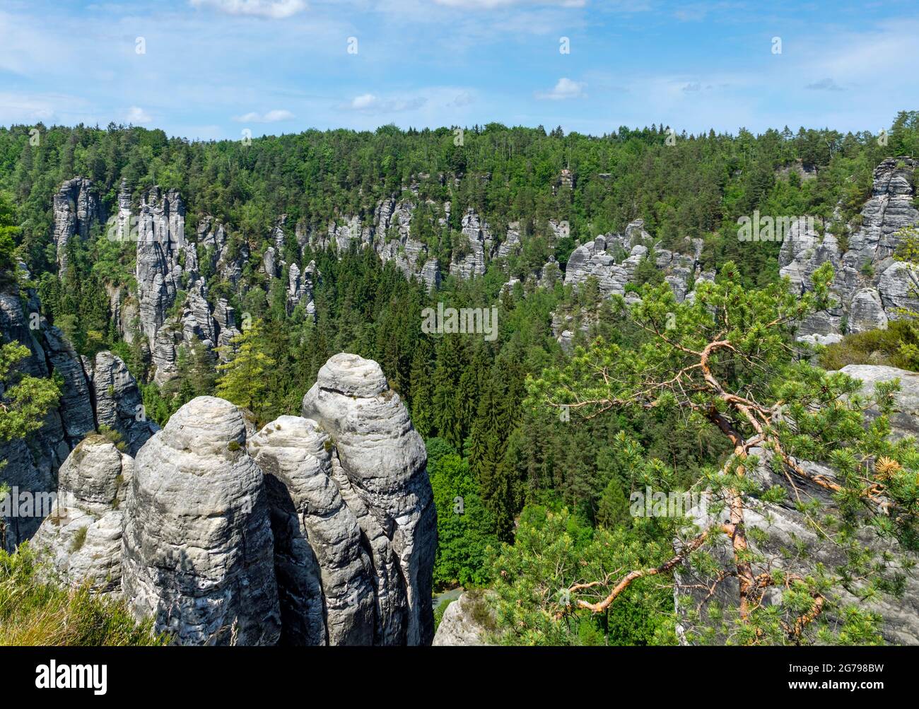 The Bastei is a rock formation with a viewing platform in Saxon Switzerland on the right bank of the Elbe in the area of the municipality of Lohmen. It is one of the most popular tourist attractions in Saxon Switzerland. Stock Photo