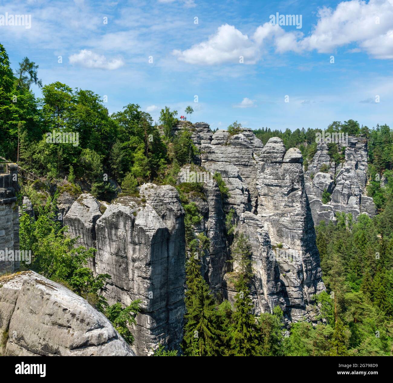 The Bastei is a rock formation with a viewing platform in Saxon Switzerland on the right bank of the Elbe in the area of the municipality of Lohmen. It is one of the most popular tourist attractions in Saxon Switzerland. Stock Photo