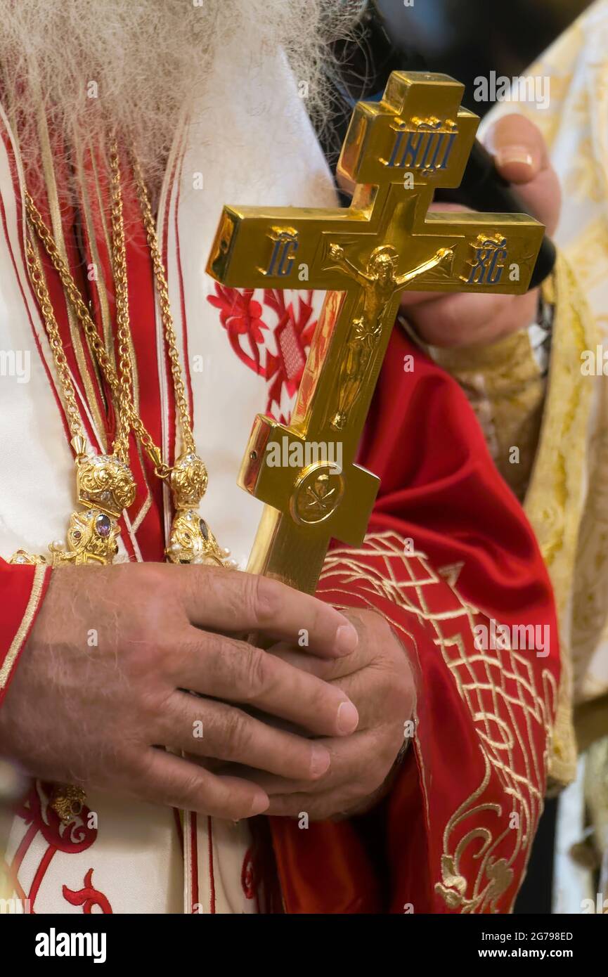 golden cross of a priest in the Bulgarian Orthodox Church;Sofia, Bulgaria, Stock Photo