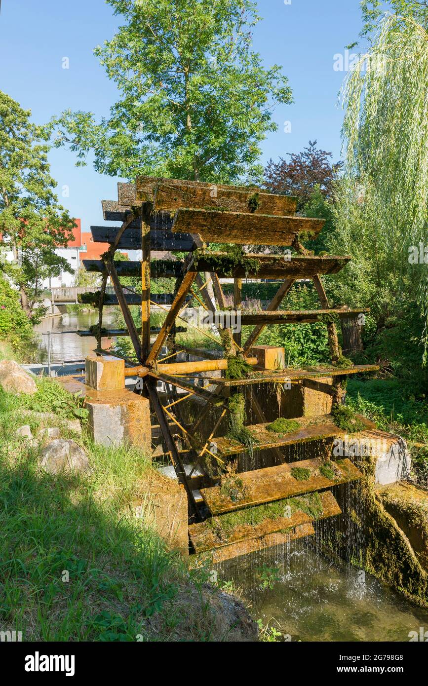 Germany, Baden-Wuerttemberg, Ehingen / Danube, water wheel at the Schmiech, Stock Photo
