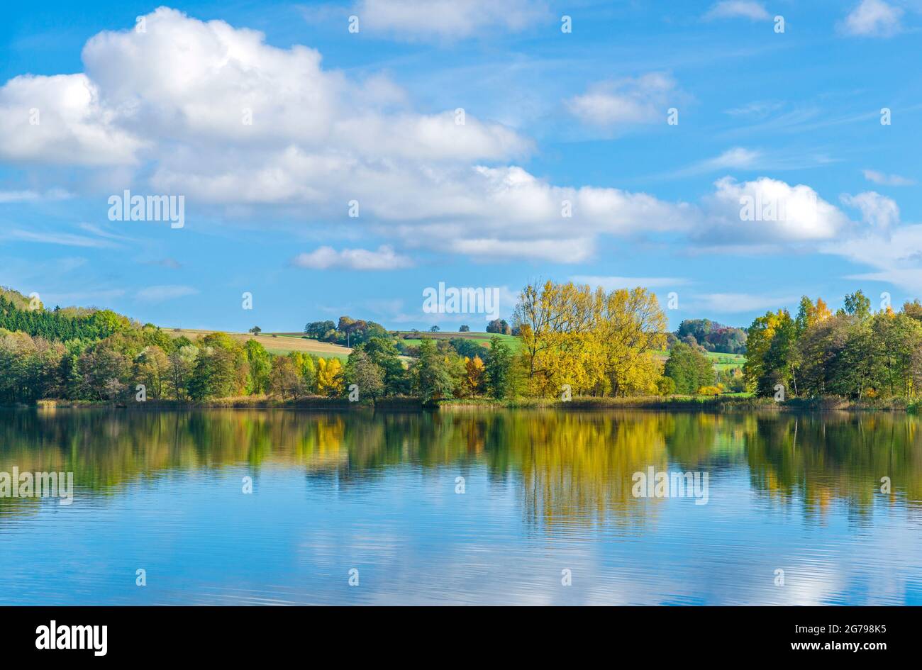 Germany, Baden-Wuerttemberg, Illmensee, autumn landscape at Illmensee. The  Illmensee is located in the FFH area 8122-342 'Pfrunger Ried und Seen bei  Illmensee'. In the nature reserve lies the Ice Age lake plateau