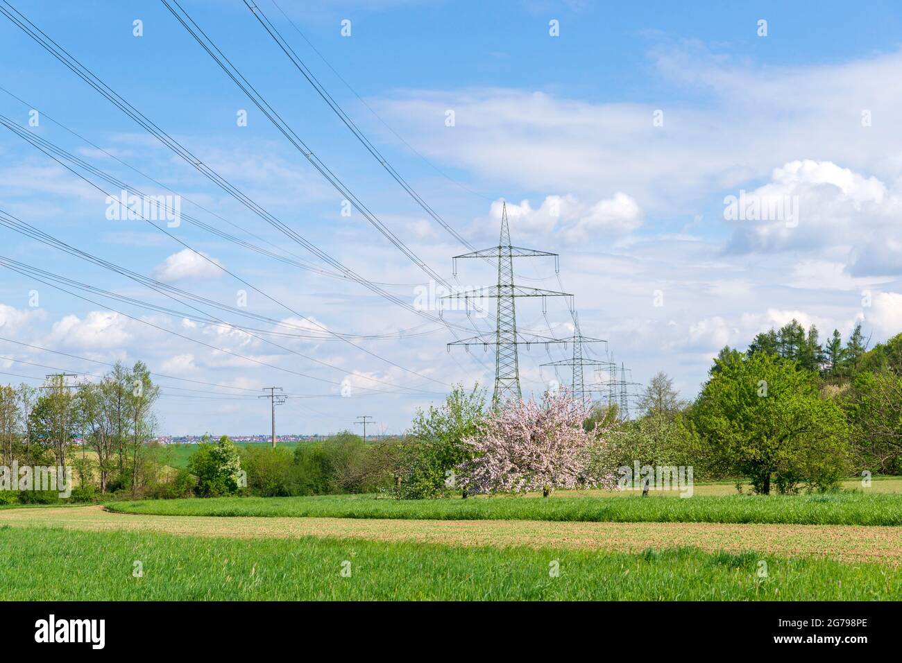 Overhead line mast, high-voltage line crosses the agricultural landscape near Reicheneck Stock Photo