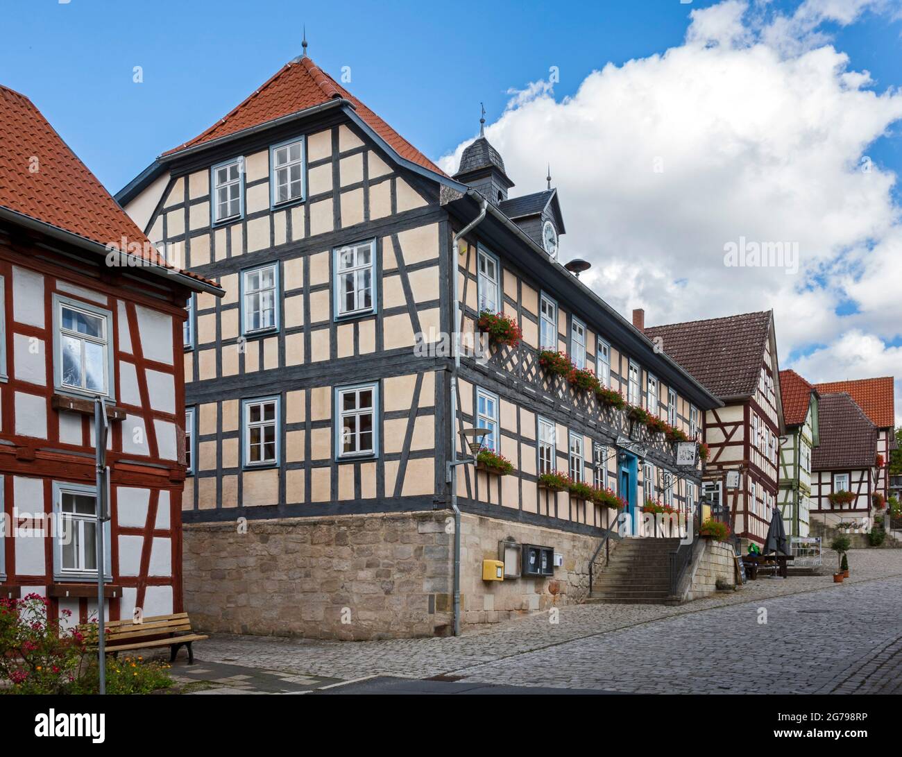 Ummerstadt is (2019) the smallest town in Thuringia. The historic old town of Ummerstadt, in which there are many half-timbered houses, is a listed building. The market square with the historic town hall, which is now used as a restaurant, is particularly worth seeing. Stock Photo