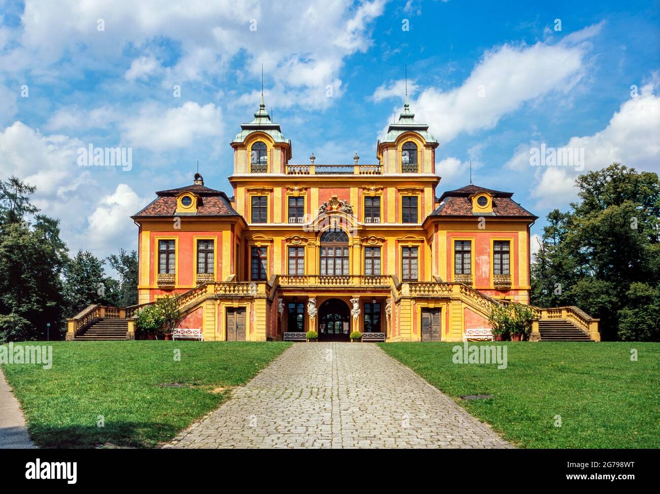 Schloss Favorite is a baroque pleasure and hunting lodge. It is located on a hill in the Favoritepark in the direct axis north of the Ludwigsburg residential palace. It was built in the years 1717 - 1723 by Duke Eberhard Ludwig according to designs by the court architect Donato Giuseppe Frisoni in the Baroque style. Stock Photo