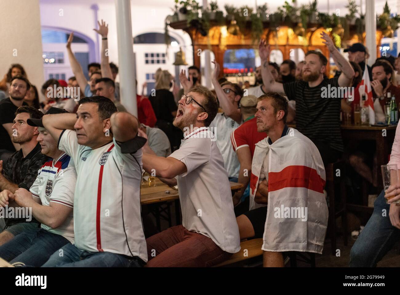 English football fans watching the EURO20 final between England v Italy at a pub in Vauxhall, London, England, UK Stock Photo