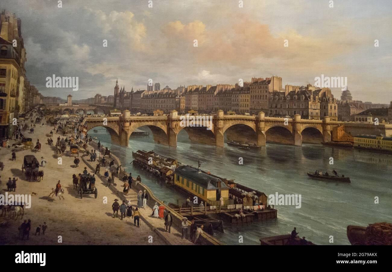Paris Scene of Pont Neuf Vintage Original Oil Painting, Zamini? 41 1/2  #35063
