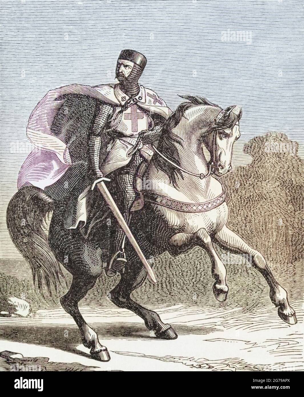A soldier of the Knights Templar.  The order was also known as Poor Fellow-Soldiers of Christ and of the Temple of Solomon and Order of Solomon's Temple, or more commonly the Templars.  It existed from circa 1128 to circa 1312.  After a 19th century engraving by Frits Ohrloff. Stock Photo