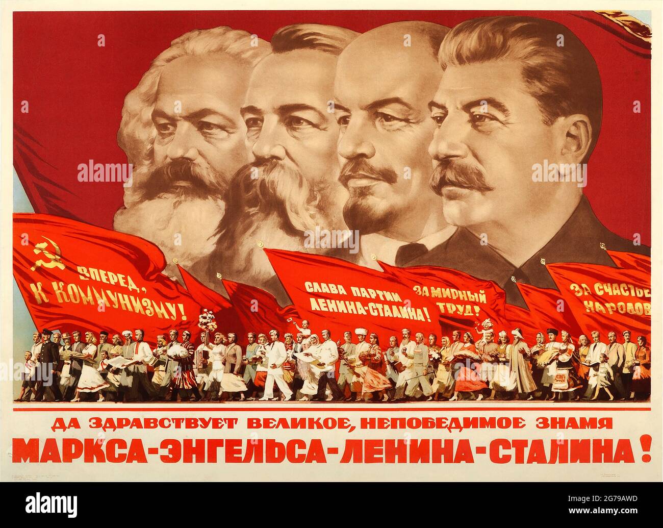Long Live the Great Invincible Banner of Marx, Engels, Lenin and Stalin!. Museum: PRIVATE COLLECTION. Author: A. Kossov. Stock Photo