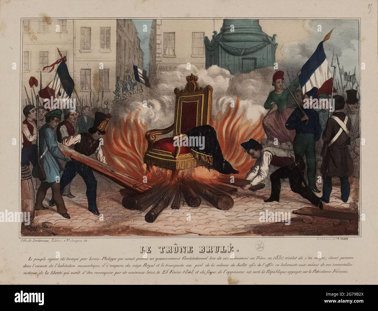 Burning of the throne of the King Louis Philippe on February 25, 1848 on the Place de la Bastille in Paris. Museum: Musée Carnavalet, Paris. Author: ANONYMOUS. Stock Photo