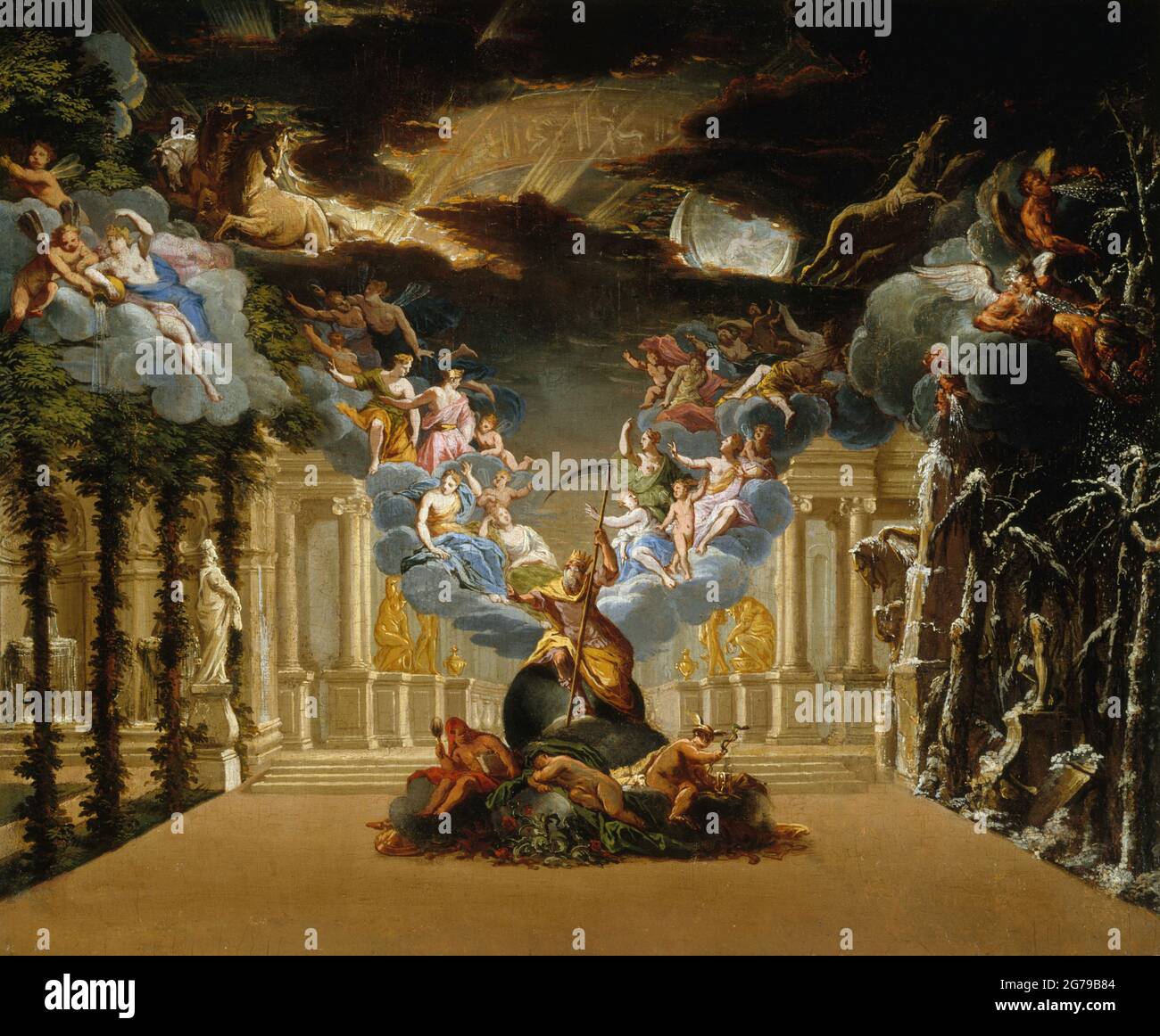 Stage design for the Prologue of the Tragédie lyrique 'Atys' by Jean-Baptiste Lully. Museum: Musée Carnavalet, Paris. Author: Jacques Vigouroux Duplessis (Vigoureux-Duplessis). Stock Photo