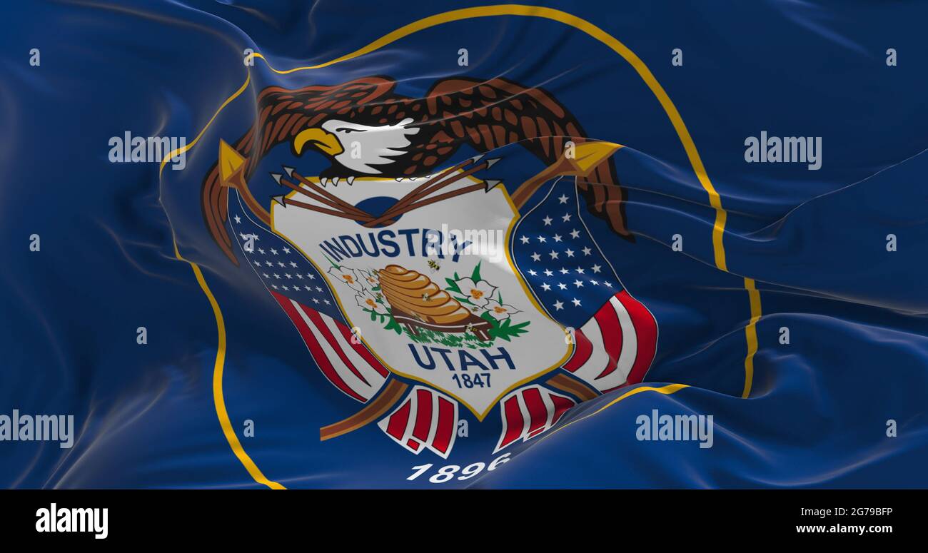 flag of Utah waving in the wind. Patriotic concept about state. 3d illustration. Stock Photo