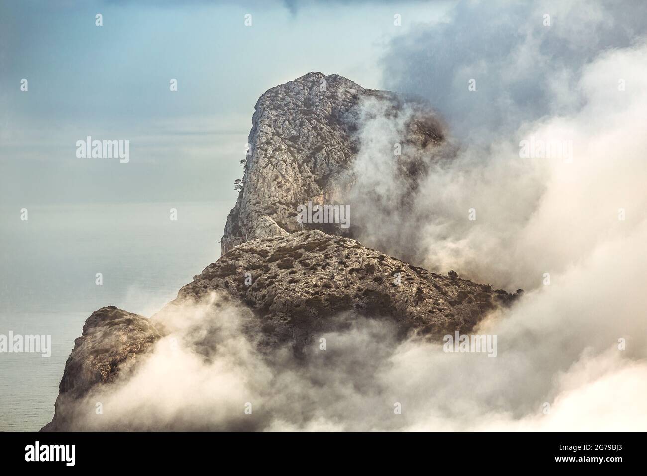 View to Cape Formtor in a foggy mood Stock Photo