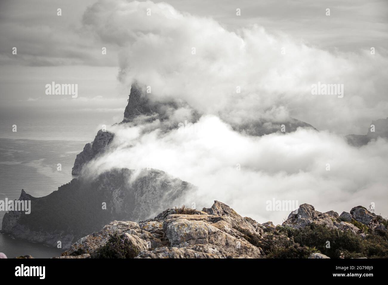 View to Cape Formtor in a foggy mood Stock Photo