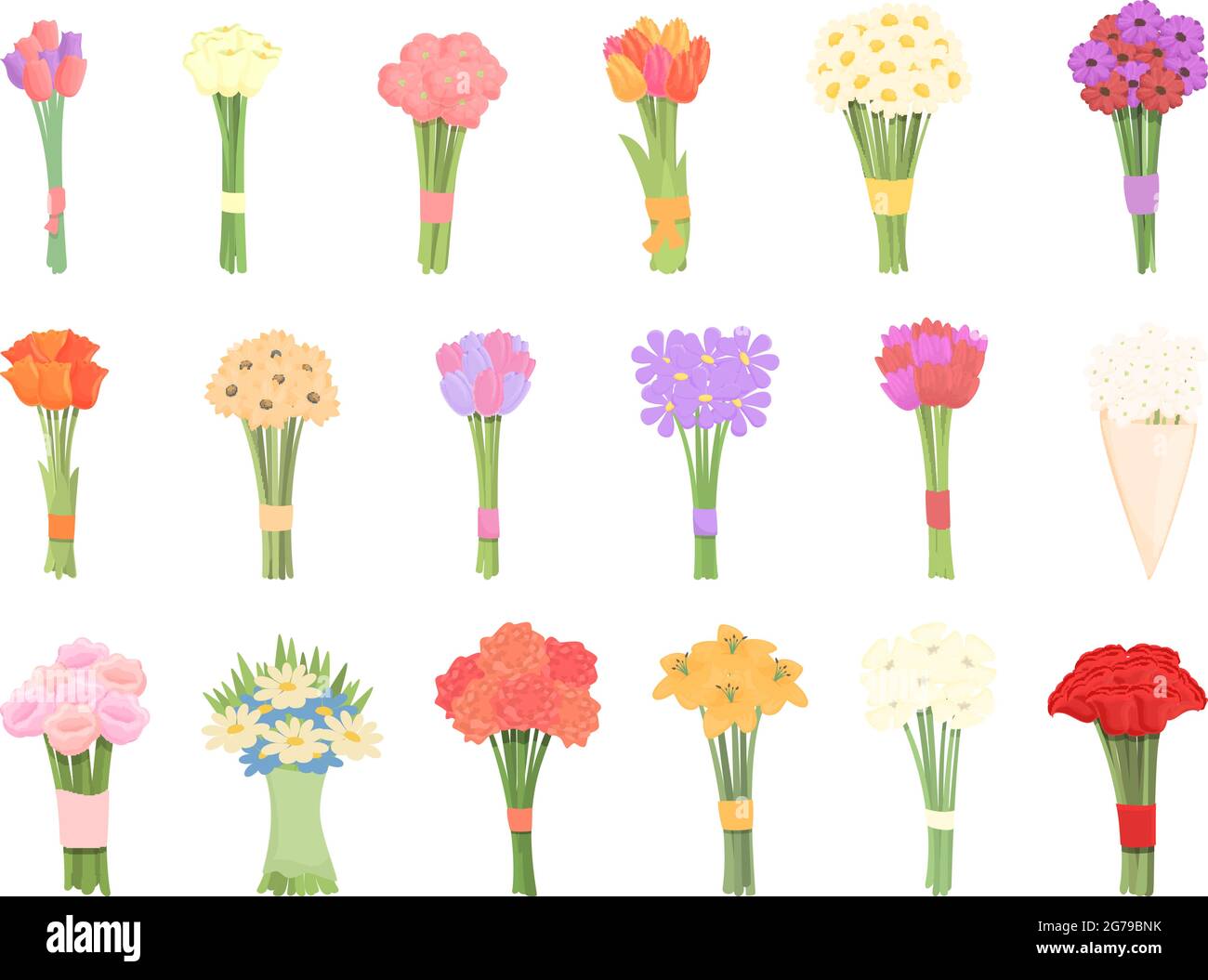 Bouquet icons set cartoon vector. Flower basket. Vase bunch Stock Vector