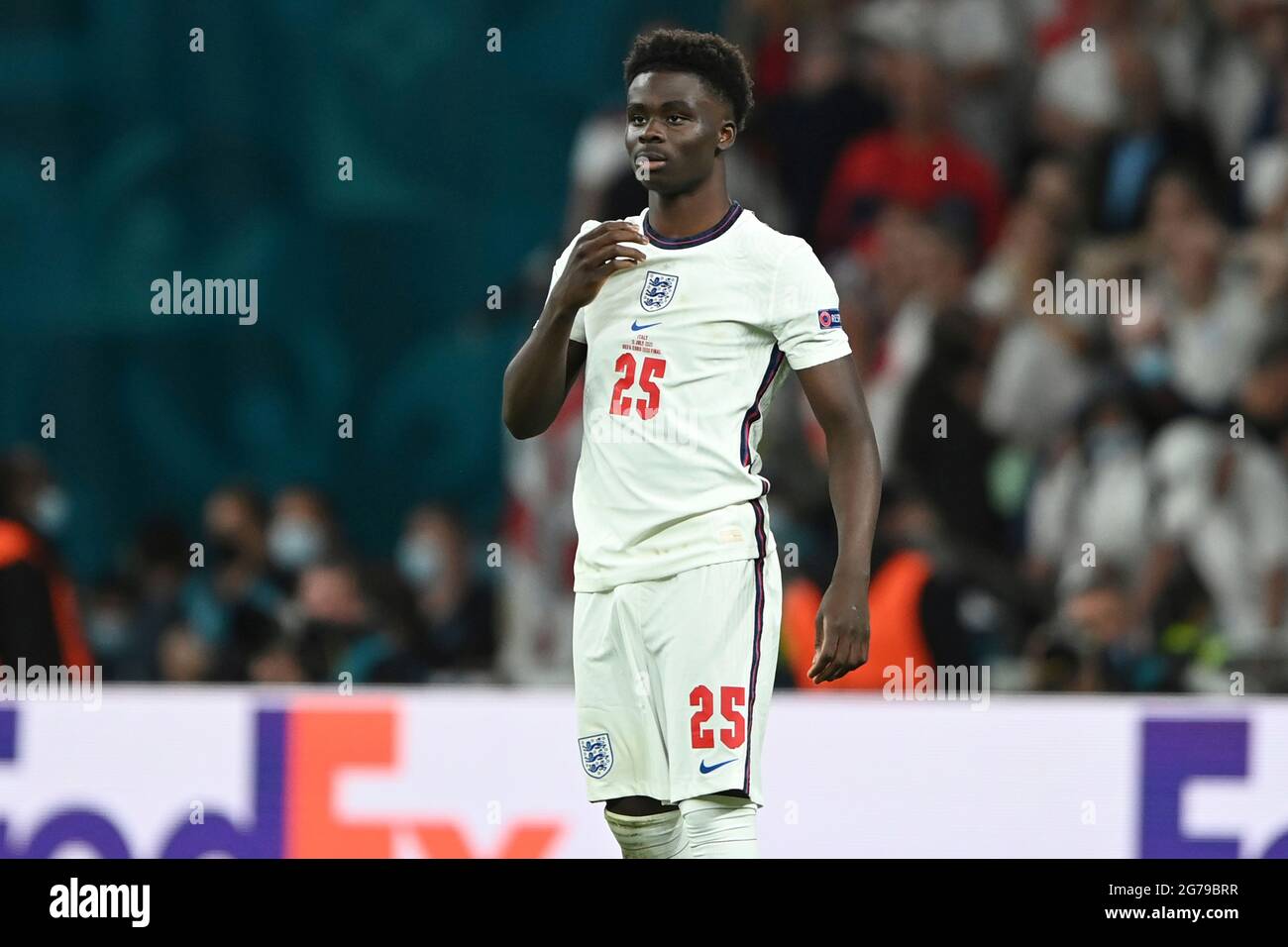 London, UK. 12th July, 2021. Bukayo SAKA (ENG) after missed penalty, penalty kick. Disappointment, frustrated, disappointed, frustrated, dejected, action, single image, cut single motif, half figure, half figure. Final, game M51, Italy (ITA) - England (ENG) 4-3 iE on 07/11/2021 in London/Wembley Stadium. Soccer Euro 2020 from 11.06.2021-11.07.2021. Photo; Marvin Guengoer/GES/Pool via Sven Simon Fotoagentur GmbH & Co. Press photo KG # Prinzess-Luise-Str. 41 # 45479 M uelheim/R uhr # Tel. 0208/9413250 # Fax. 0208/9413260 # GLS Bank # BLZ 430 609 67 # Account 4030 025 100 # IBAN DE75 4306 0967 40 Stock Photo